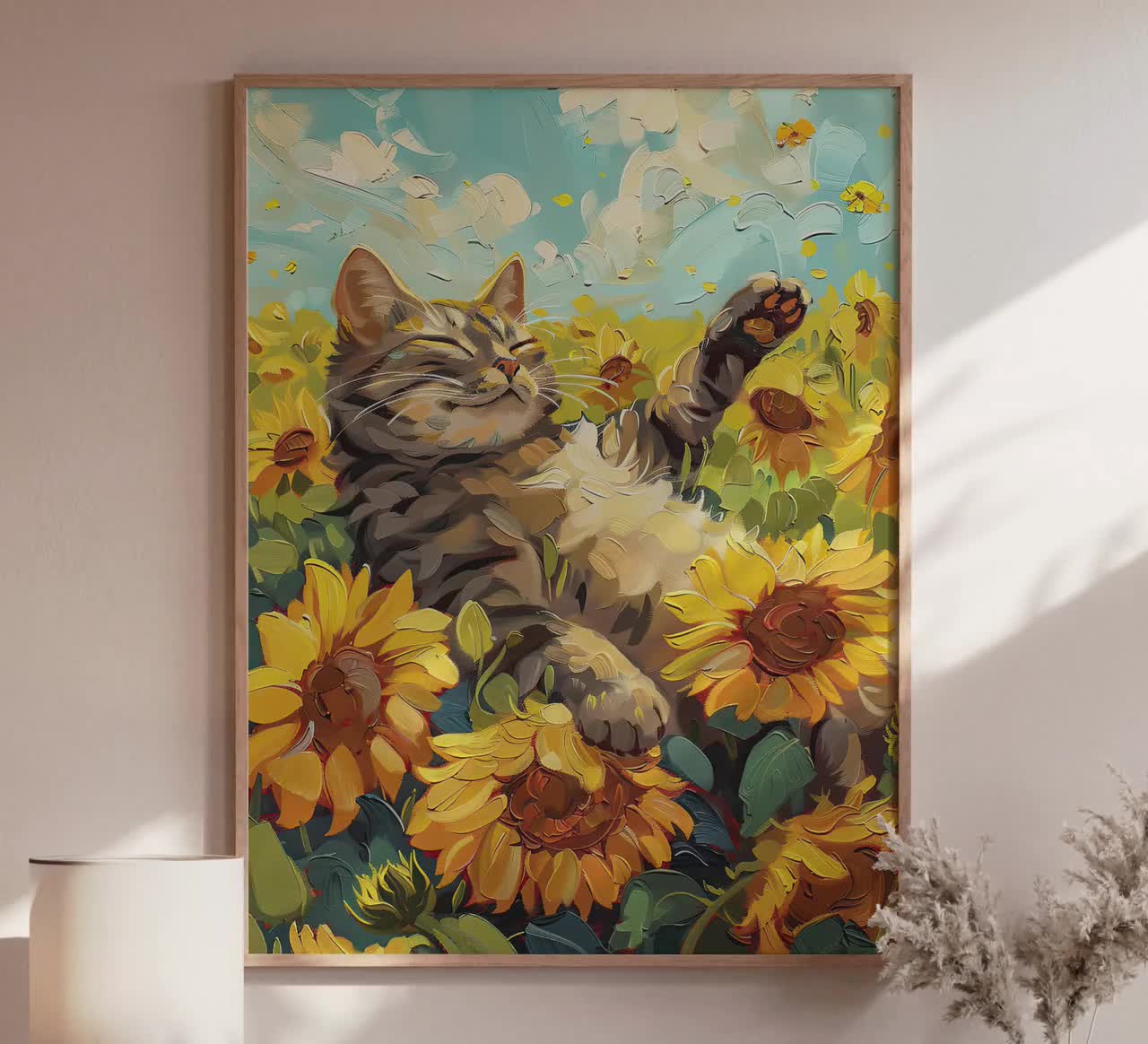 ヴィンテージひまわり猫油絵プリント | ゴッホのひまわり静物画に